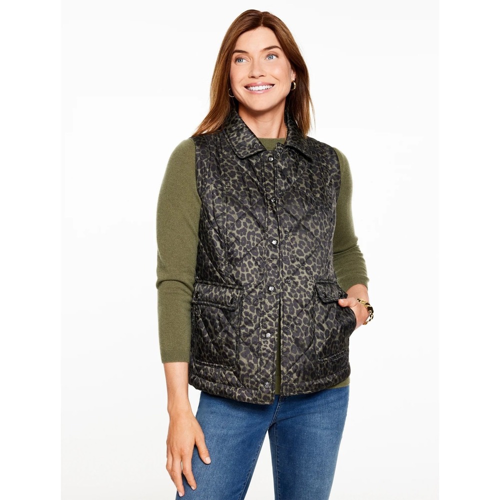 Talbots Plus Quilted Barn Vest Leopard Print Womens Size 2X Button Front Pockets